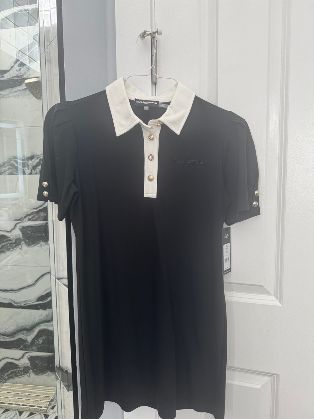 Karl Lagerfeld Black Mini Dress with Cream Collar and Gold Buttons
